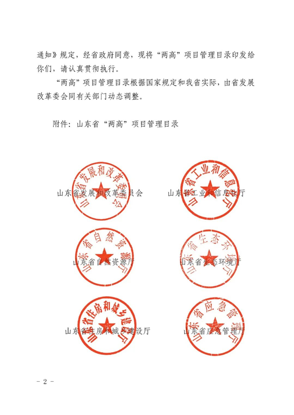 山東省人民政府辦公廳關(guān)于加強“兩高”項目管理的通知（附兩高項目管理目錄）